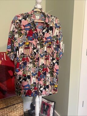 Moschino Pink Multicolor Novelty Graphic Short Sleeve Button-Down Shirt